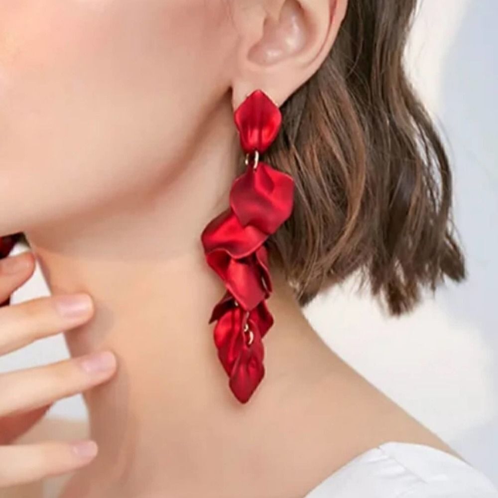 Red Rose Petal Long Earrings